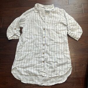 Elegant White Striped Women's Linen Swim Coverup